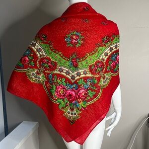 Red Floral Rose Golden Thread 48” Large Shawl Scarf